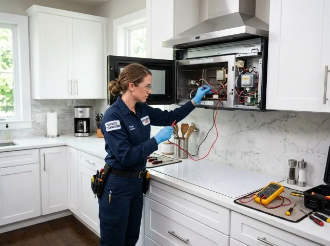 Appliance Repair Hero technician testing an over-the-range microwave in a Broad Run, VA kitchen